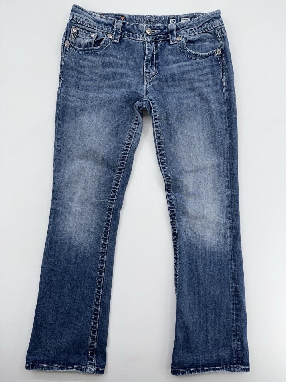 Miss Me Jeans Low Rise Boot Bootcut Fleur Lis Stitch Women's 30x32 Blue Y2K